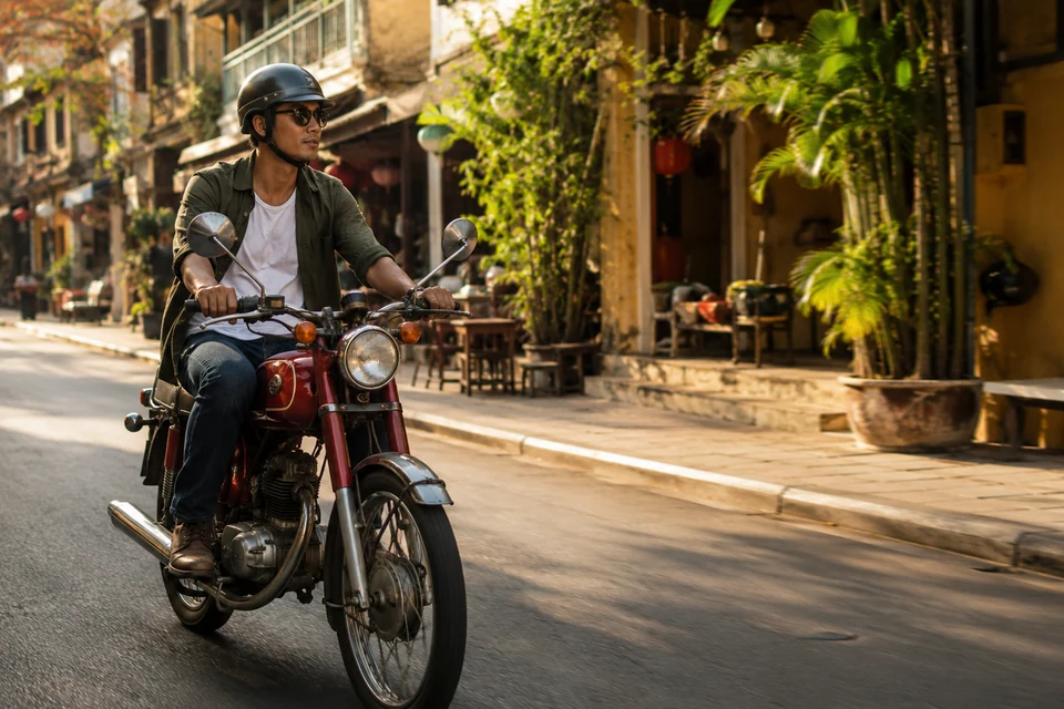 Man riding a motorbike through an old town street in Vietnam